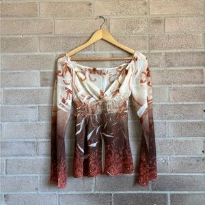 Refuge y2k v-neck sheer long bell sleeve blouse